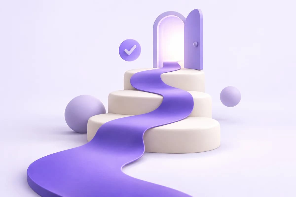 A violet path winding up gentle steps toward an open doorway